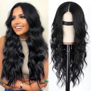 26-Inch Long Wavy Black Lace Wig for Women