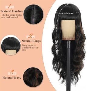 26-Inch Long Wavy Wig with Bangs for Women