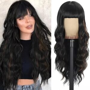 26-Inch Long Wavy Wig with Bangs for Women