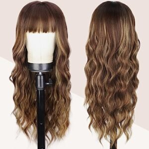 Charming 26'' Brown Wavy Wig with Bangs & Highlights