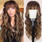 Charming 26'' Brown Wavy Wig with Bangs & Highlights