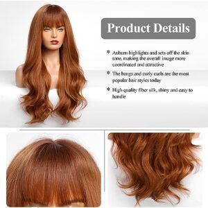 HAIRCUBE Auburn Long Wavy Wig with Bangs for Women