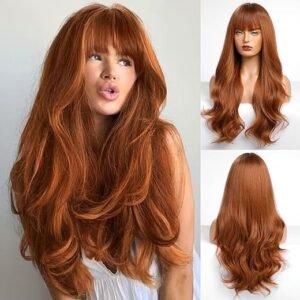 HAIRCUBE Auburn Long Wavy Wig with Bangs for Women