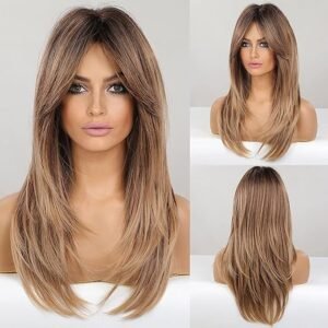 HAIRCUBE Ombre Brown Long Layered Wig with Bangs