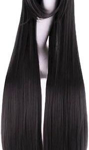 MapofBeauty 40" Black Oblique Bangs Cosplay Wig