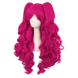 MapofBeauty Hot Pink 28-Inch Curly Cosplay Wig with Ponytails