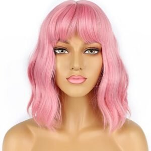 Pastel Pink Wavy Bob Wig with Bangs for Women