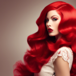 A woman with long, wavy, bright red hair and a white lace top is looking to the side.