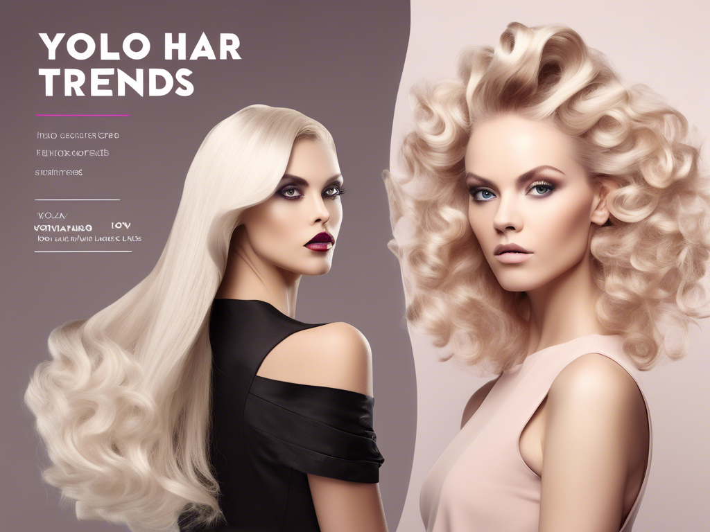 Two models with different hairstyles. One has long, sleek, straight hair while the other has short, voluminous, curly hair. Both are presented against a gradient background with text reading "Yolo Hair Trends.